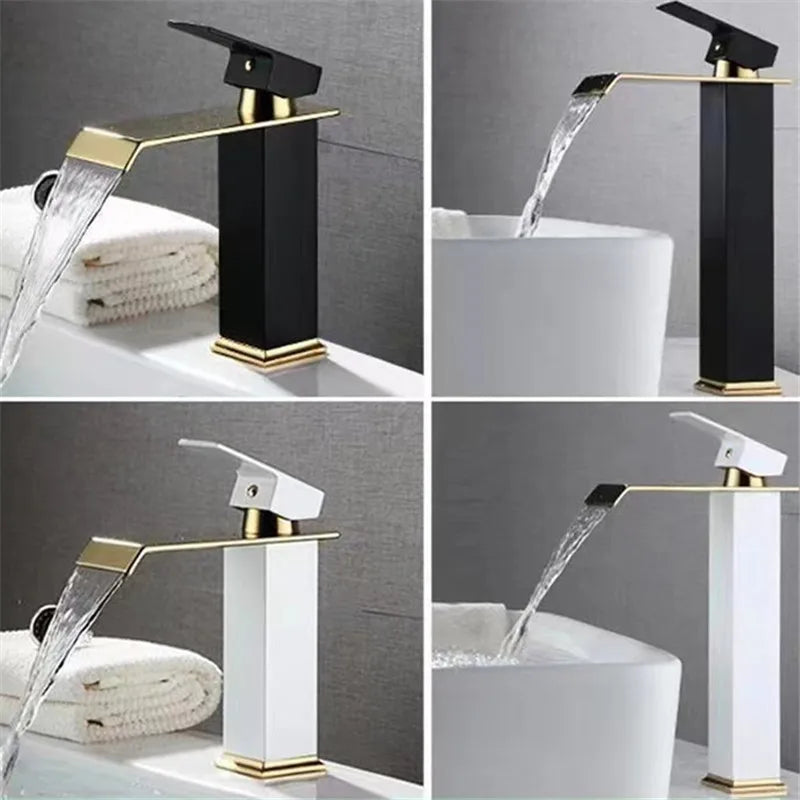 Gold and Black Basin Faucet Brass Waterfall Faucet Bathroom Faucet Bathroom Basin Faucet Mixer Tap Hot and Cold Sink faucet