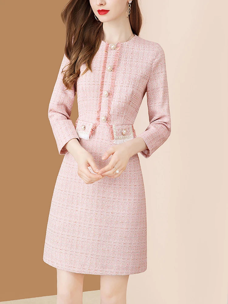 EVNISI Pink Dress For Women Tweed Patchwork Knitted Peter Pan Collar Dresses Office Lady Plaid Vestidos 2022 Autumn And Winter