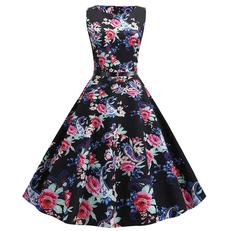 Floral Print Summer Dress Women Vintage Dresses Elegant Retro Party Tank Sleeveless Casual Office Dress