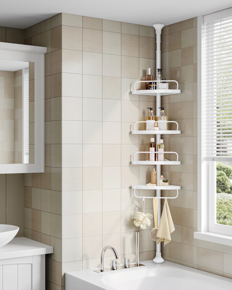 85-305 cm height adjustable shower rack with 4 trays bathroom shelf, shower corner no drilling necessary, white/black