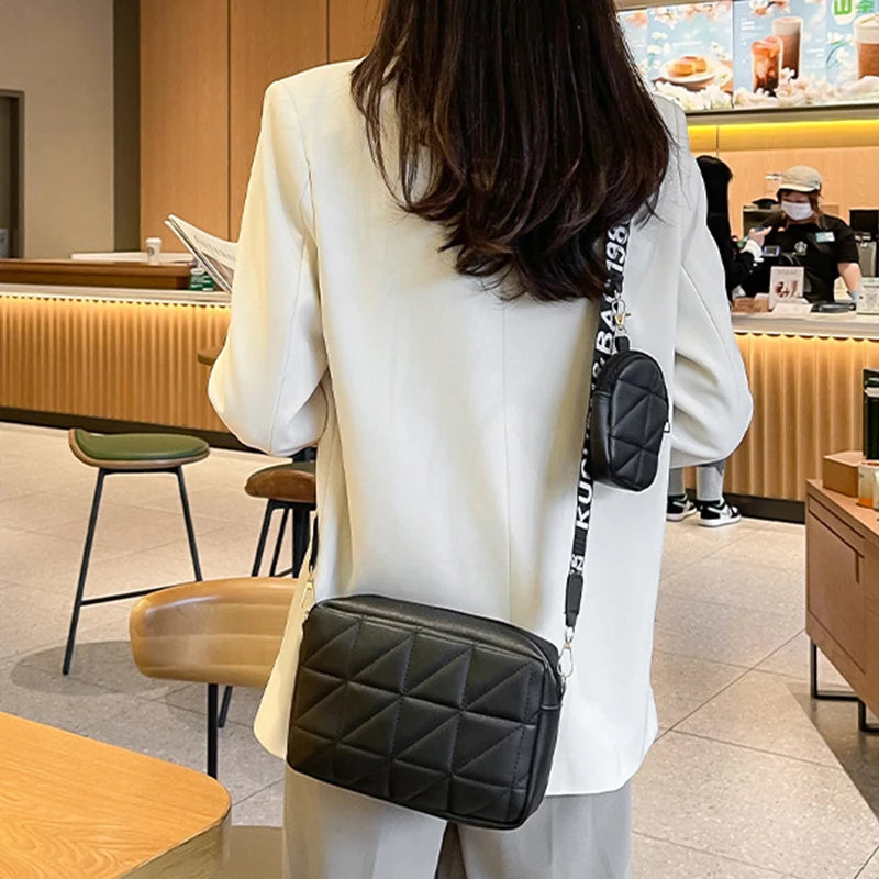 New Solid Color Diamond Plaid Son And Mother Fashion Shoulder Bag Trendy Letter Wide Shoulder Strap Crossbody Small Square Bag