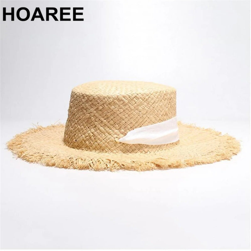 HOAREE Women Raffia Straw Sun Hat Ladies Summer Wide Brim Boater Casual Lace-Up Female Designer Brand Beach Flat Cap