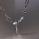 JWER Trendy Bling Moonstone Star Cross Pendant Necklace for Women Punk Hip Hop Star Chain CrystalNecklace Party Y2K Jewelry Gift