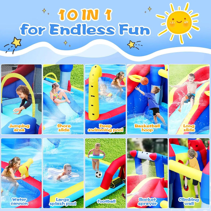 10 in 1 Inflatable Bounce House Water Park for Kids Toys Slide Waterslide with Splash Pool & Basketball & Climbing Wall & Blower
