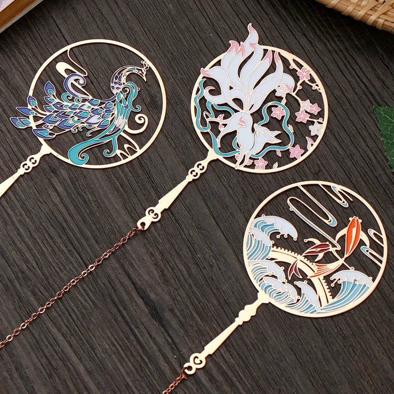 Chinese Design  Painting Group Fan Book Clip Pagination Mark Tassel Student Creative School Stationery Metal Bookmark