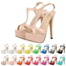 2026 New Women Sandals 14cm Sexy T-Strap Peep Toe Platform Summer Red Wedding Shoes Patent Leather Thin High Heels Big Size 44