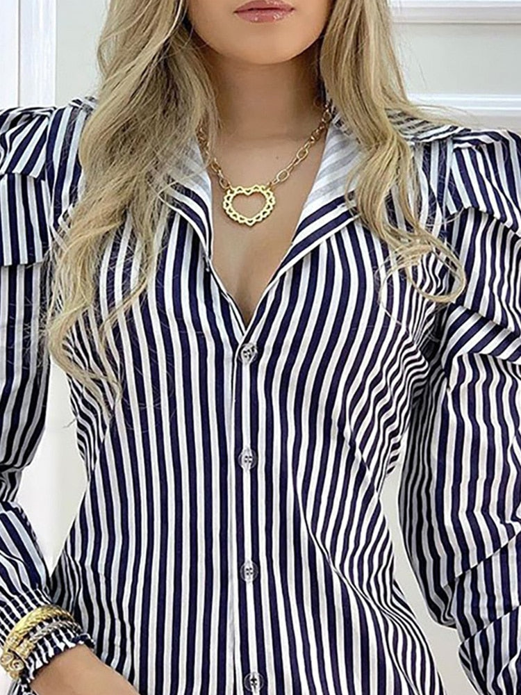 Striped Button Design Puffed Sleeve Shirt Dress Women Casual Work Dress