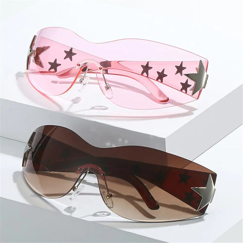 Rimless Y2K Sunglasses for Women and Men Star Wrap Around Sun Glasses Trendy Cool Black Sunglasses Fashion Shades for Outdoor