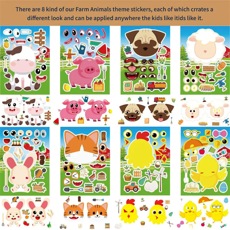 6-24Sheet Make A Face Sticker Pack for Kids Creative Make Your Own Dog Cat Sheep Farm Animal Stickers Children DIY Puzzle Jigsaw