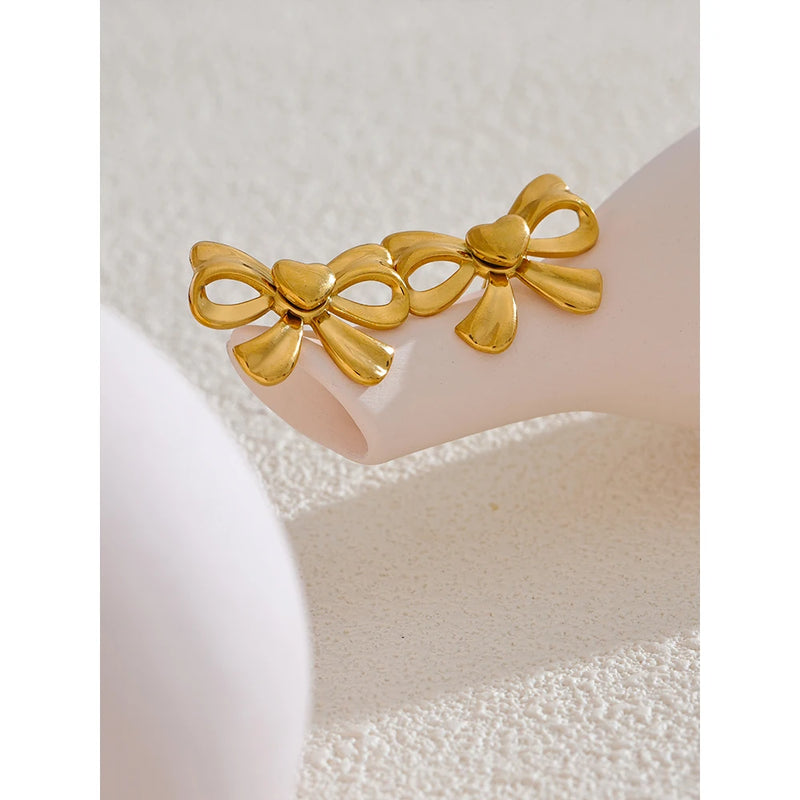 Yhpup Fashion Charm Bowknot Bow Gold Color Stud Earrings 2024 Tarnish Resistant Stainless Steel Attractive Jewelry Bijoux Women