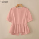 2025 ZANZEA Elegant Puff Sleeve Work Blouses Women Summer Shirts Square Neck Stylish Solid Buttons Tunic Tops Waisted OL Blusas