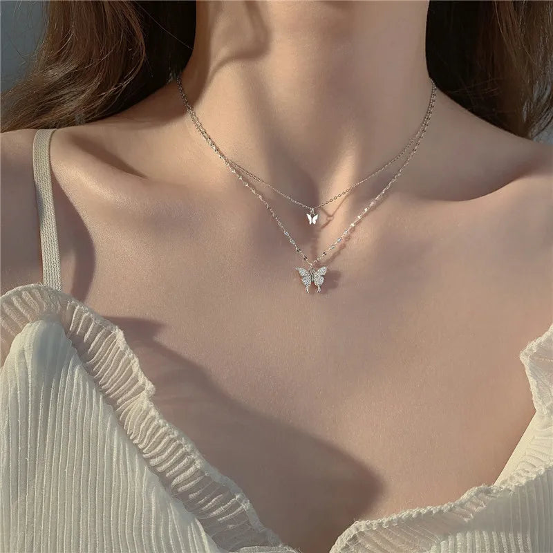 New Shiny Butterfly Necklace Ladies Exquisite Double Layer Clavicle Chain Necklace Jewelry for Ladies Gift