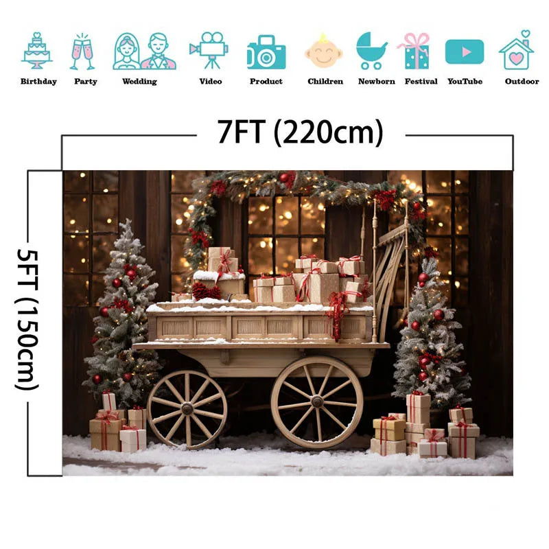 Christmas Gift Cart Photography Backdrop Baby Kids Family Portrait Photocall Xmas Tree Snow Window Background Props Photo Studio