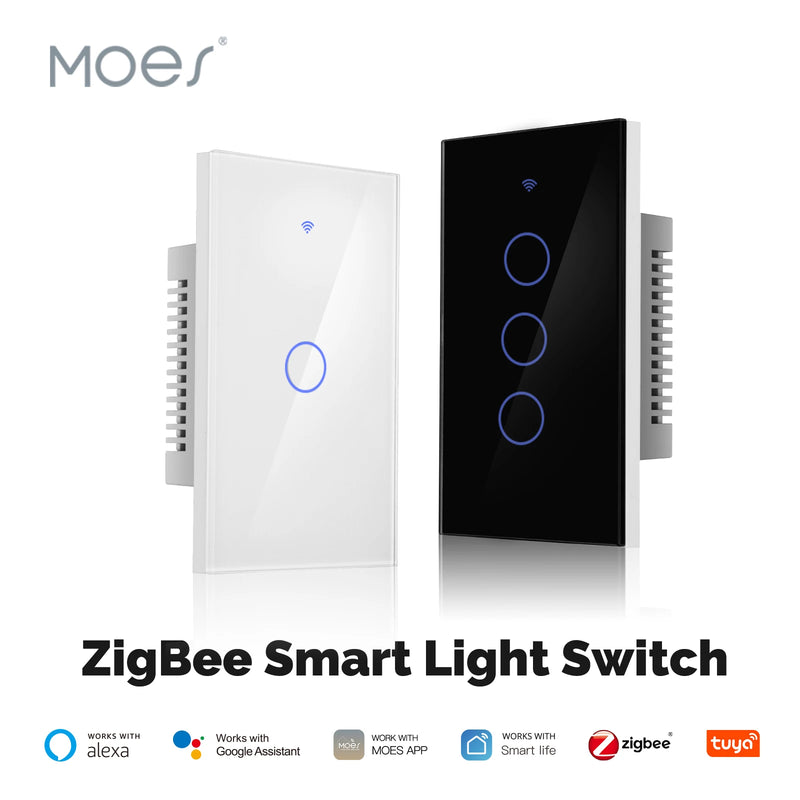 MOES Tuya ZigBee SmartLight Switch Touch Glass Panel Fireproof Neutral Wire Required Remote Control Work With Alexa Google Home