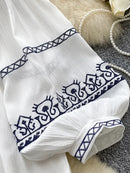 Women's Bohemia Blouse Embroidered Autumn Spring O-neck Collar Bow Tie Lantern Sleeve Top Blusas Mujer Female Tops BL020