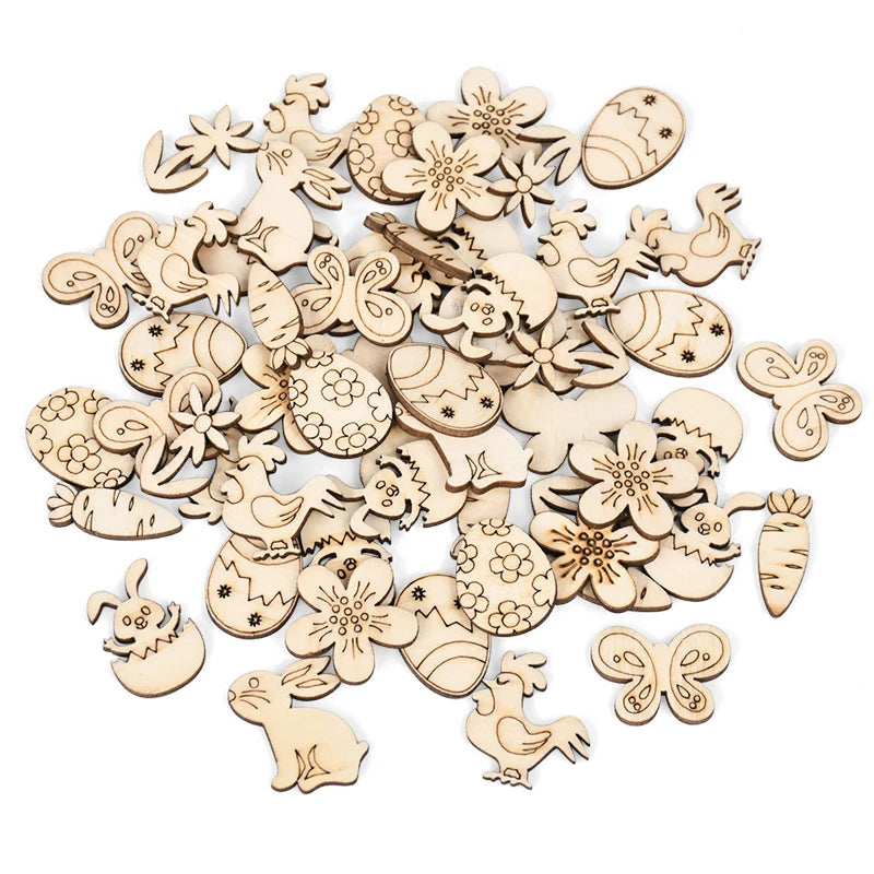50pcs Easter Wooden Confetti Rabbit Carrot Eggs Kids Painting DIY Crafts Wood Slice 2025 Spring Easter Party Decoration For Home