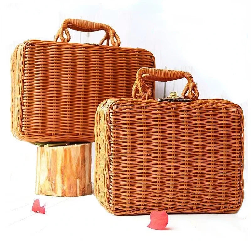 Retro PP Rattan Baskets Picnic Storage Basket Wicker Suitcase with Hand Gift Box Woven Cosmetic Storage Box Organization Storage