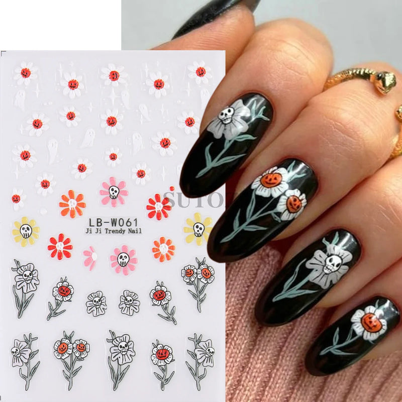 5D Embossed Halloween Nail Stickers Skull Chams Spooky Flower Ghost Nail Decals Spider Web Skeleton Sliders for Manicure NTJI-5D