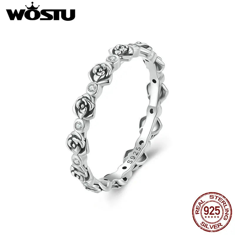 WOSTU 925 Sterling Silver Elegant Roseflower Band Rings For Women Paved Shiny Zircon Party Ring Special Jewelry Gift For her