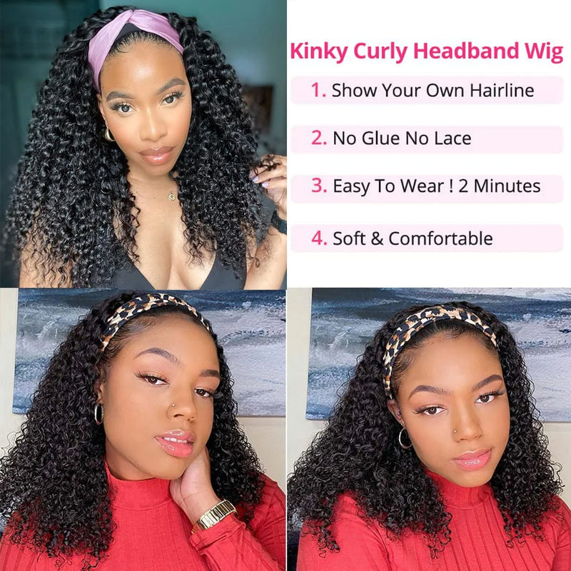 180% Brazilian Kinky Curly Headband Wig Human Hair 10-30 Inch Afro Kinky Curly Human Hair Wigs For Women Easy to Go