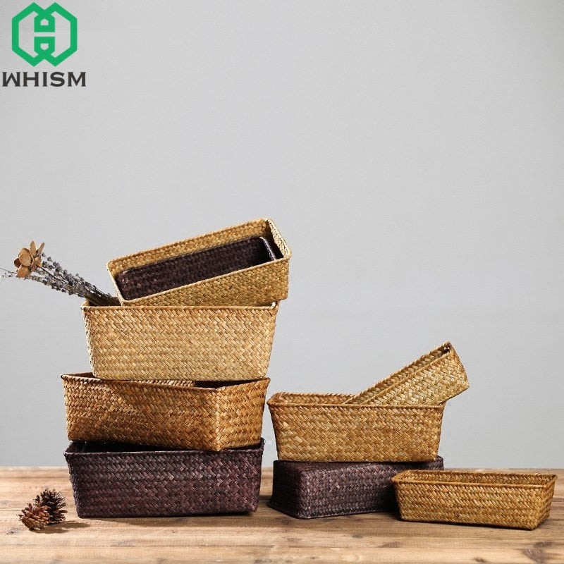 WHISM Handmade Wicker Storage Basket Rattan Fruit Tea Storage Box Holder Seagrass Picnic Basket Wickerwork Cosmetics Organizer