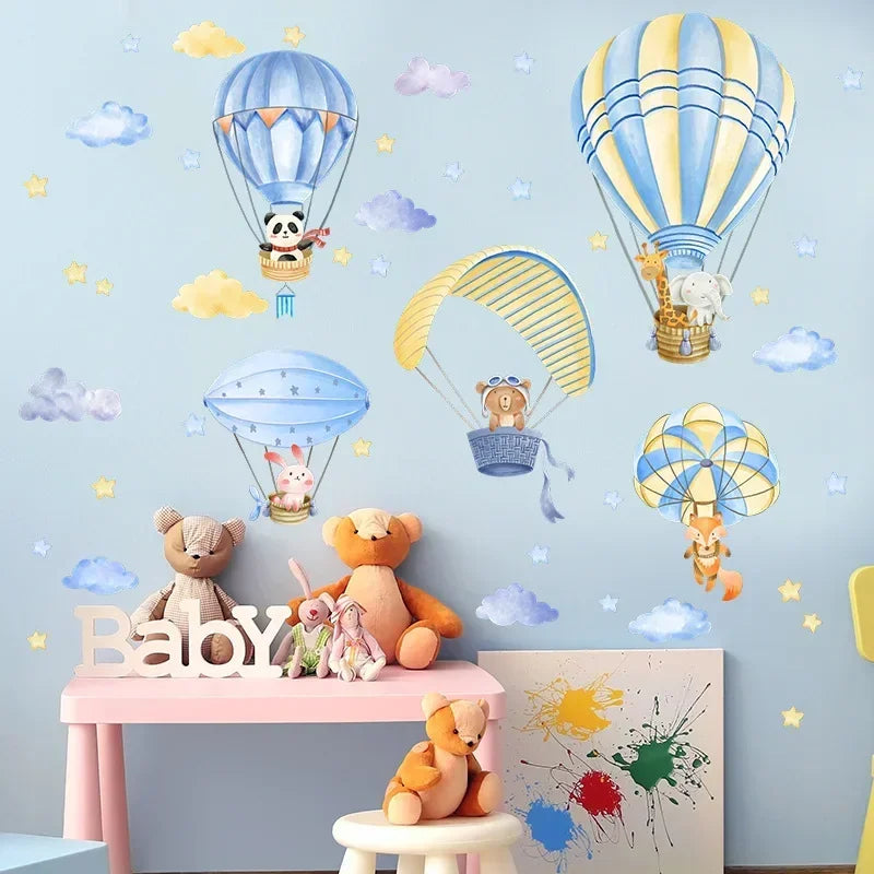 Blue Watercolor Animals Hot Air Balloon Wall Stickers for Kids Room Baby Nursery Room Wall Decor Wall Decals Boy Room Stickers