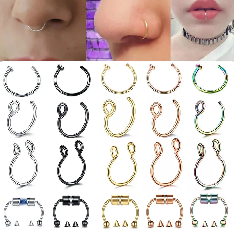 1Pc Stainless Steel Fake Nose Ring Hoop Septum Rings C Clip Lip Ring Earring for Women Fake Piercing Body Jewelry Non-Pierced