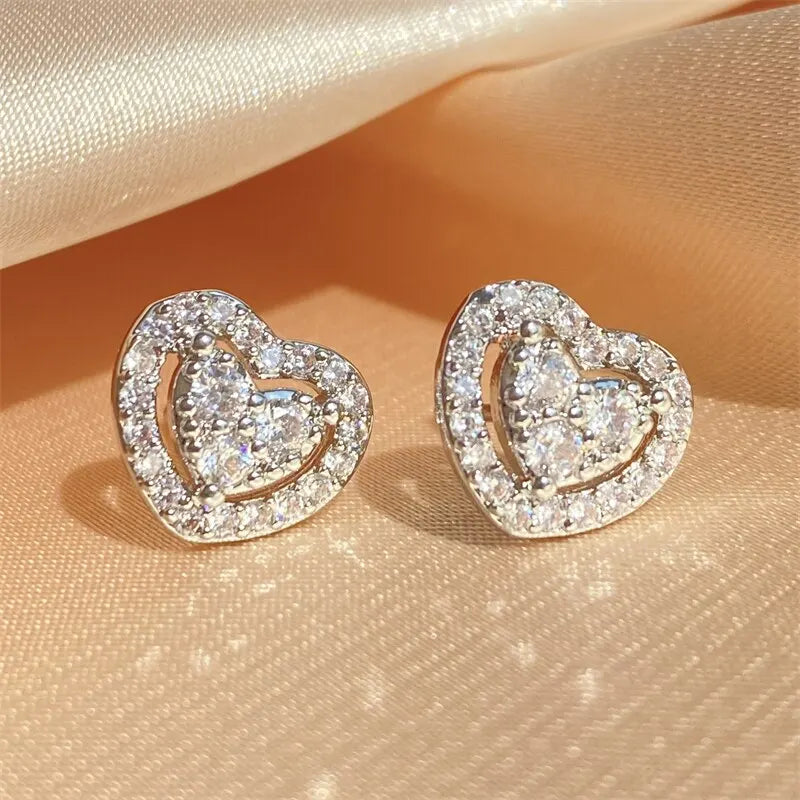Romantic Loving Heart Zirconia Stud Earrings For Women Girls Brides Crystal Party Birthday Wedding Engagement Jewelry Gifts