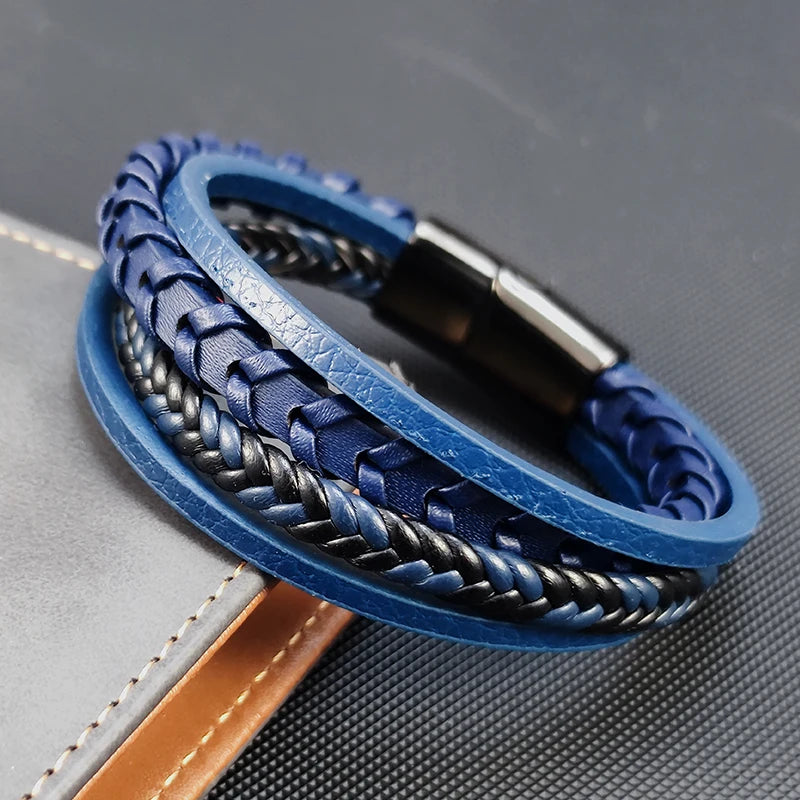 Braided Rope Woven 4 Layers Blue Leather Men Bracelets Punk Style Stainless Steel Bangle for Friend Charm Fashion Jewelry Gifts