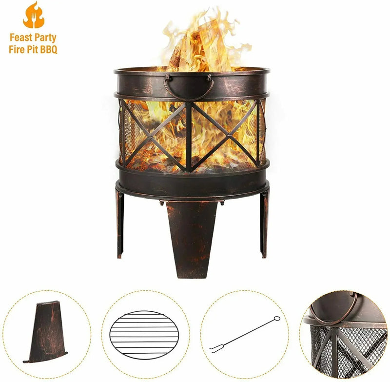 Garden Fire Pit 58X45cm Fire Basket with Spark Guard&Handles Garden Fireplace w/ Antique Rust Look Garden Fire Pit for Barbecue