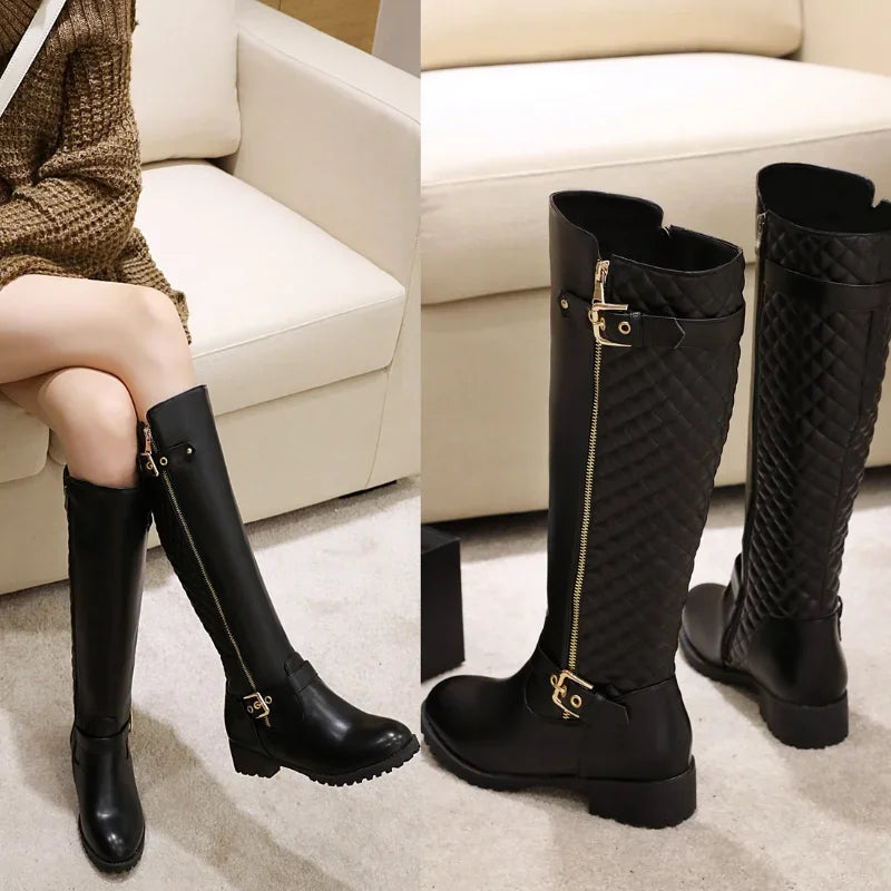 2023 New Antumn Winter Women Long Boots Plus Size 22-27 Cm Grid Splicing Side Zip Fashion Knee High Boots Women Modern Boots