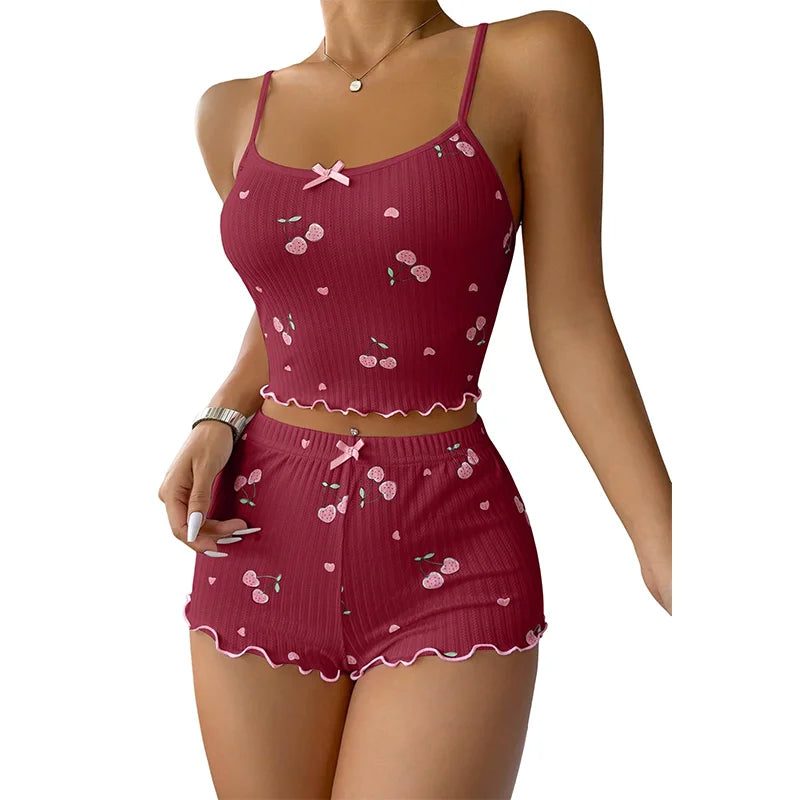 2-Piece Pajama Set for Women Cherry Print Bow Front Cami Top and Short Pajama Set Cute Soft Sleepwear