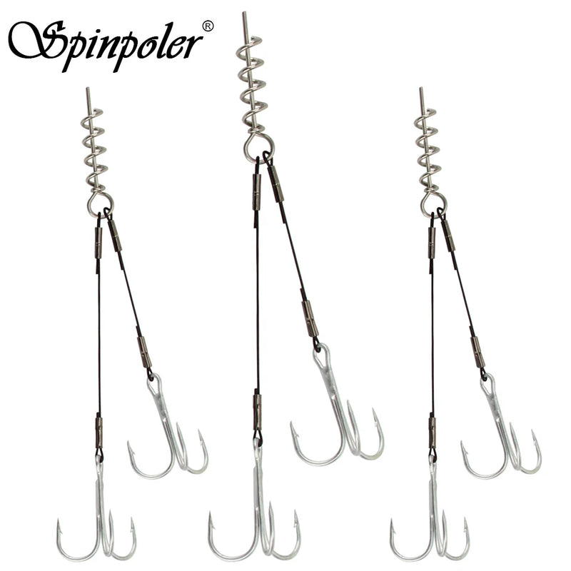 Spinpoler Corkscrew Pike Rig Stinger Fishing Hook For Soft Lure Super Sharp Double Treble Hooks 2 1 1/0 2/0 Wire Line Tackle