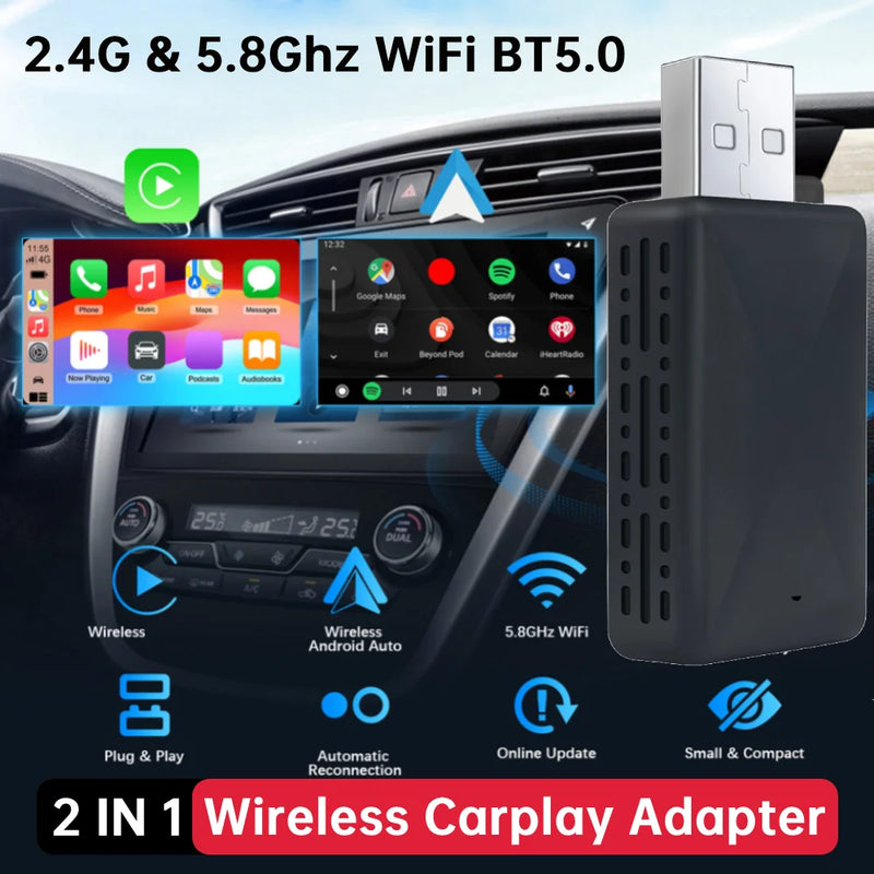 2 in 1 Wireless Carplay Android Auto Adapter Wired To Wireless Mini USB Dongle for Cars with Factory Wired CarPlay Android Auto