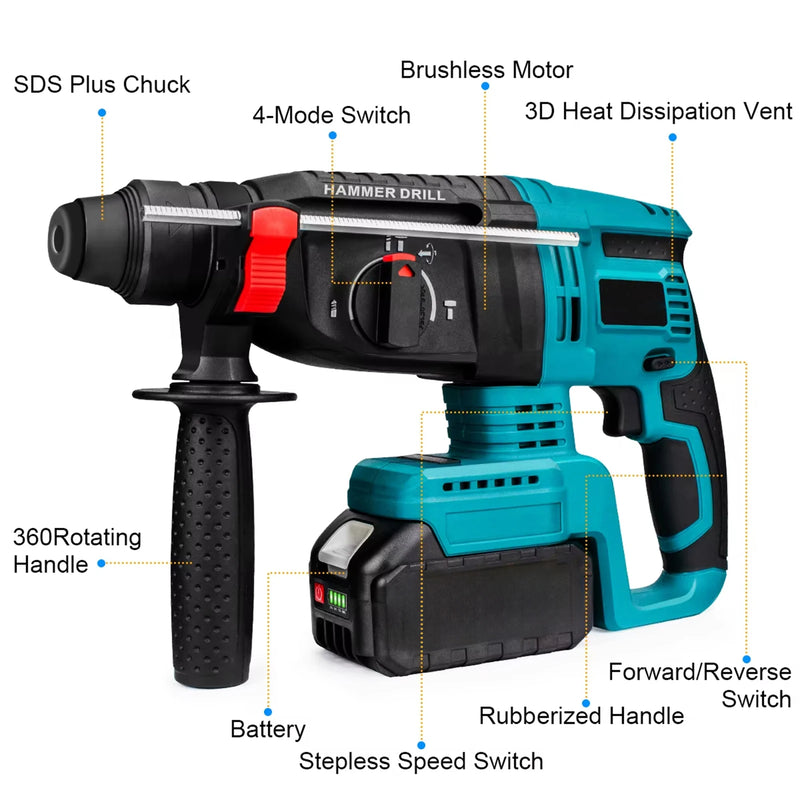 26MM Brushless Electric Hammer Drill Multifunctional Cordless Rotary Hammer Impact Drill Power Tool For Makita 18V Battery