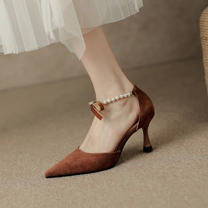 Sexy High Heel Shoes Woman Pointd Toe Spring Autumn Elegant Pumps French Style Vintage Pumps Ladies Summer Shoes With Pearls