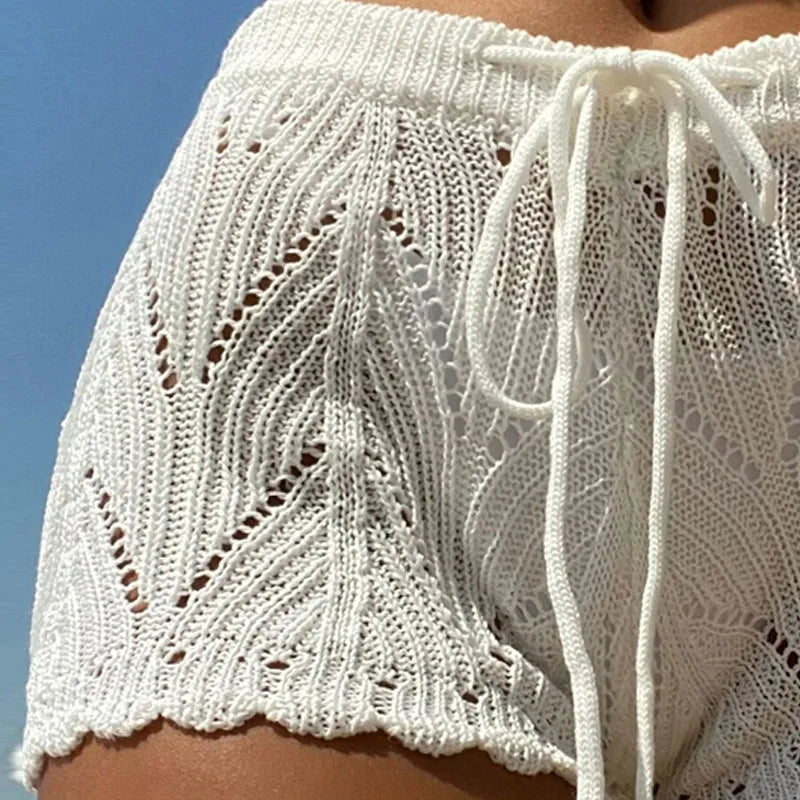 Polyester100.00% Hollow Drawstring Open Waist Knitted Bikini Blocked Women's Shorts