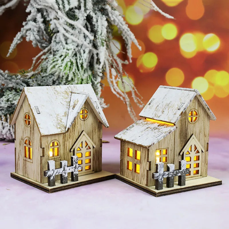 1Pcs Mini Christmas New Decorative Luminous Wooden House With Battery LED Small Xmas Room Desktop Pendant Kids DIY Decoration