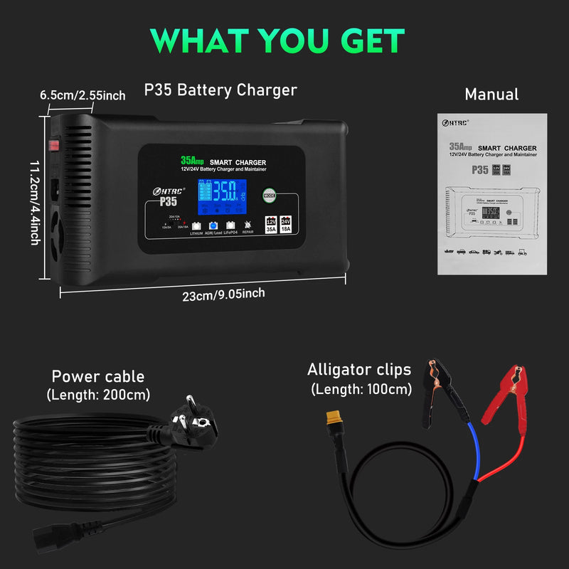 HTRC 12V/35A 24V/18A Car Battery Charger for Auto Moto Truck Motorcycle AGM Lead Acid PB GEL LCD Display Smart Charging