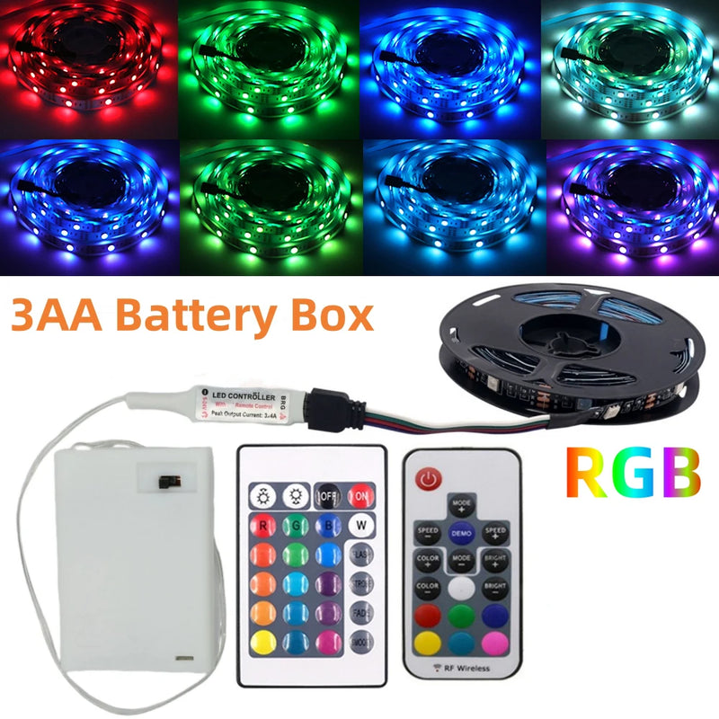 3AA Battery Power RGB Led Strip Light 5V SMD 5050 with 3/17/24Key Remote Control Flexible Tape Waterproof Led Light TV Backlight