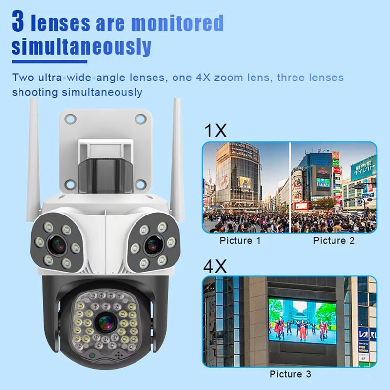 8K 15MP Outdoor WiFi Camera Motion Tracking Three Len Screens 4X Zoom PTZ Video Cam Security Protection CCTV Surveillance Camera