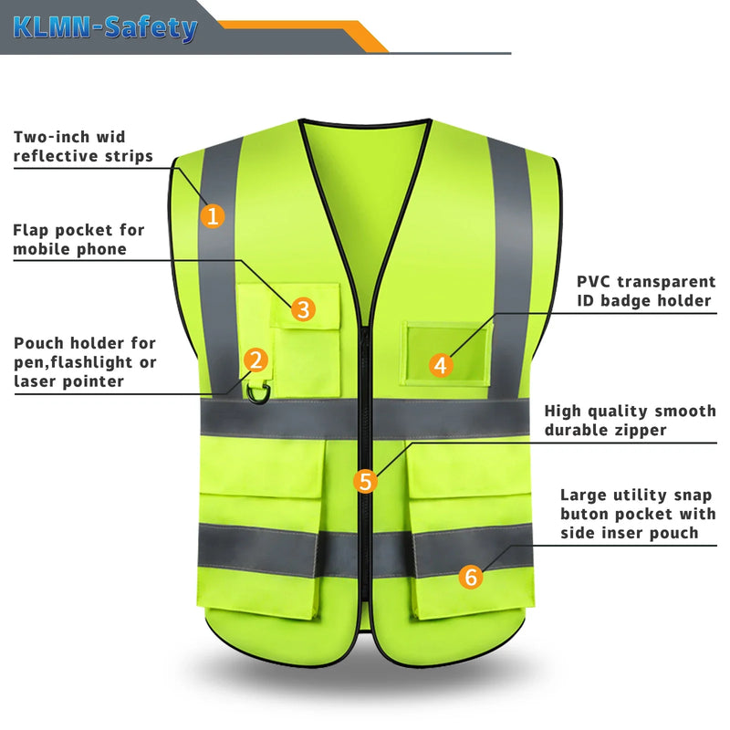 S-5XL Custom LOGO Safety Vest Reflective Vest with Pockets and Zipper High Visibility Construction Vest Workwear
