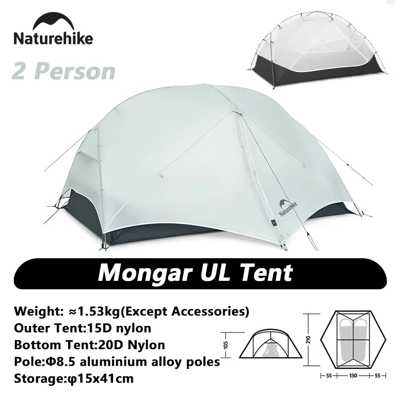 Naturehike Mongar 2 Camping Tent Ultralight Outdoor 3 Season Waterproof 20D Nylon Hiking Tent 2 Person Backpacking Tent