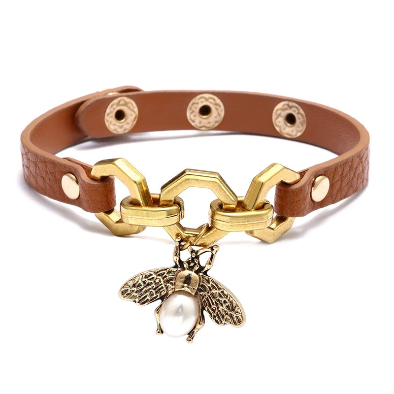 Charmsmic New Vivid Bee Pendant Charms Bracelets & Bangles For Women Punk Style Brown PU Leather Metal Button Jewelry 2024