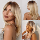 HENRY MARGU Blonde Silky Straight Synthetic Wigs with Bangs Medium Long Natural Platinum Wig for Women Cosplay Heat Resistant