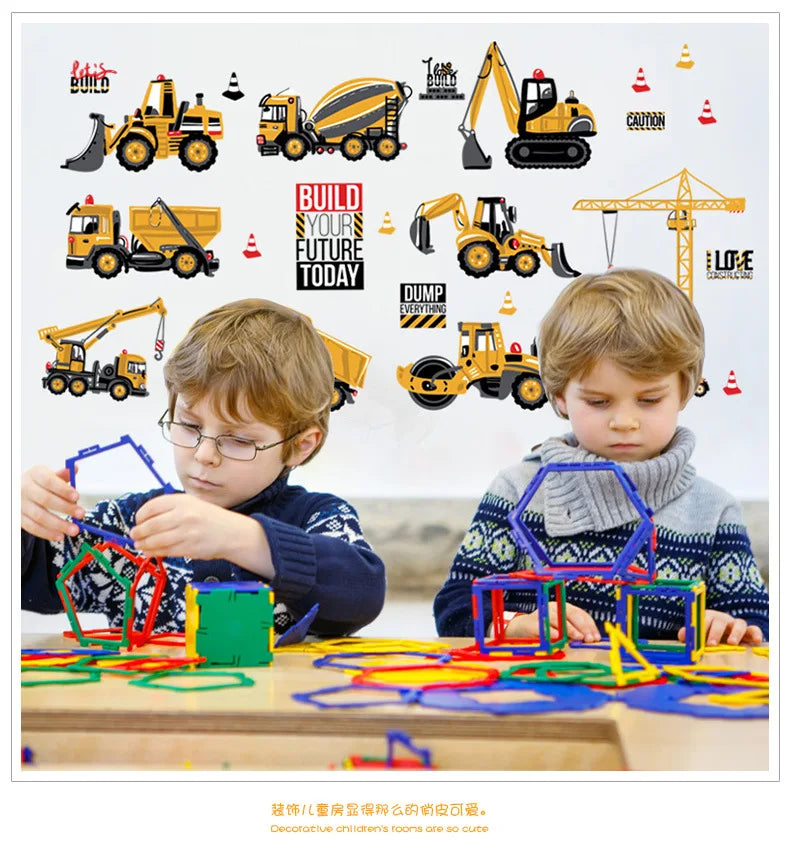 Cartoon Building Construction Vehicle Wall Sticker Home Decor Build Your Future Crane Excavator Kids Boy Bedroom Decor Decals