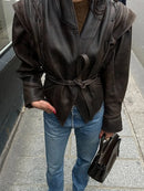 Women Fashion V-neck Lapel Belt Leather Jacket Chic Lace Up High Waist Full Sleeve Overcoat 2025 Lady Autumn High Street Outwear