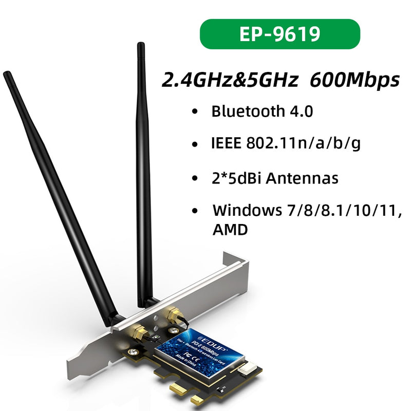 EDUP 600Mbps WIFI PCI Express Network Card 2.4G/5GHz Wireless Blue-tooth PCI-E LAN Card 802.11 ac/b/g/n Adapter For Computer