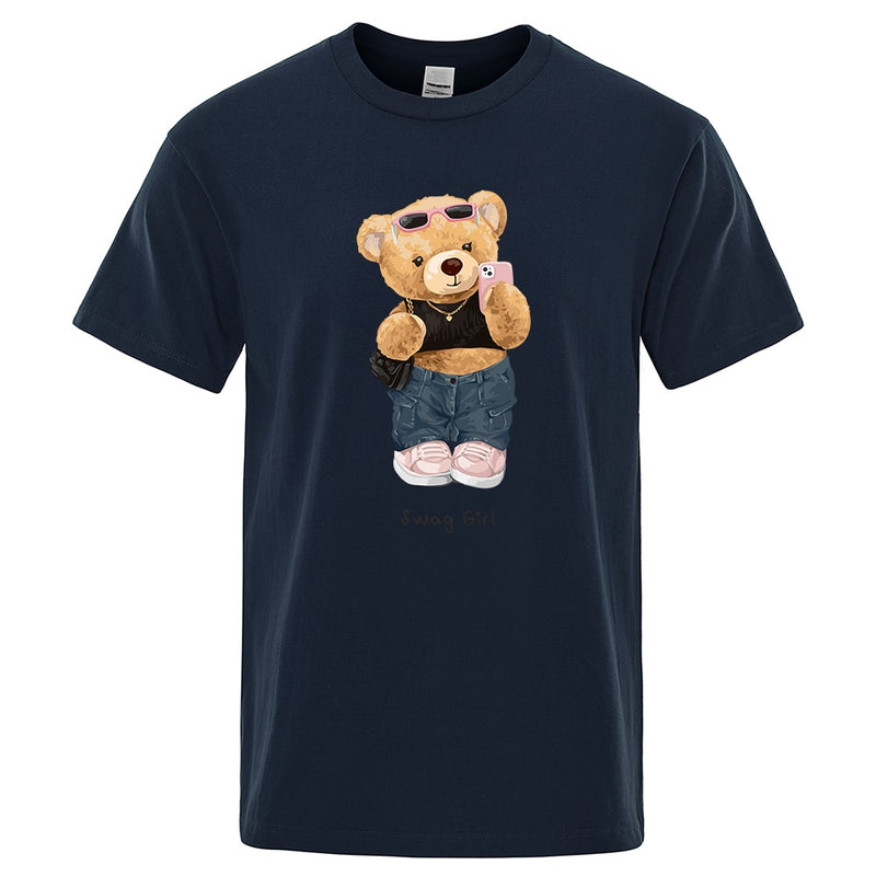 Street Teddy Bear Selfie Swag Girl  Prints Men Tops Fashion Summer T Shirt Mens Short Sleeve Hip Hop Streetwear