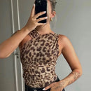 Women Leopard Tulle Bodysuit 2025 Summer Hollow Out Irregular Straps Snap-botton for Holiday Beach Style Streetwear
